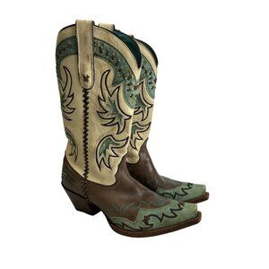 Tony Lama Cream and Green Heeled Boots